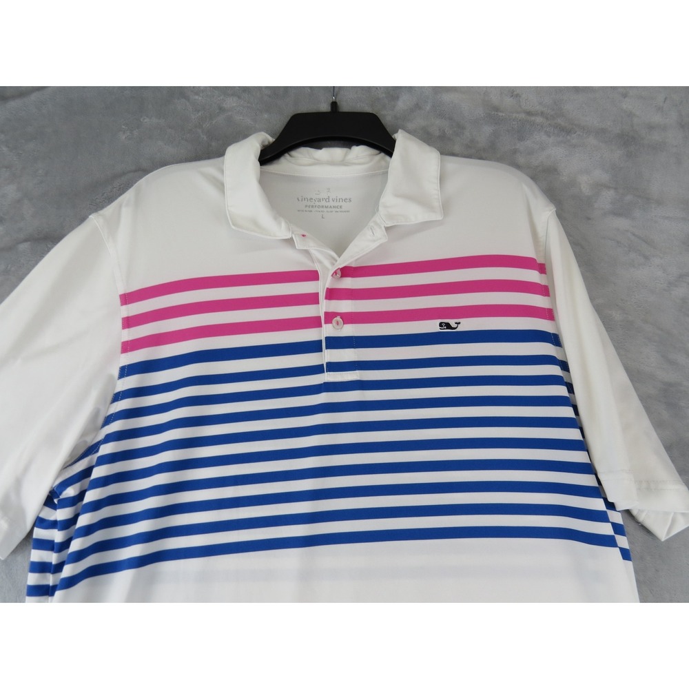 Vineyard‎ Vines Performance Polo L White Blue Pink Stripe Golf Stretch Shirt